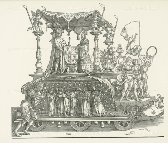 The Small Triumphal Car or The Burgundian Marriage. From the triumphal procession of Emperor Maximilian I. 1516-1518. Left block (reduzed in size): Maximilian as Duke and Mary of Burgundy holding the Burgundian coat of arms. 